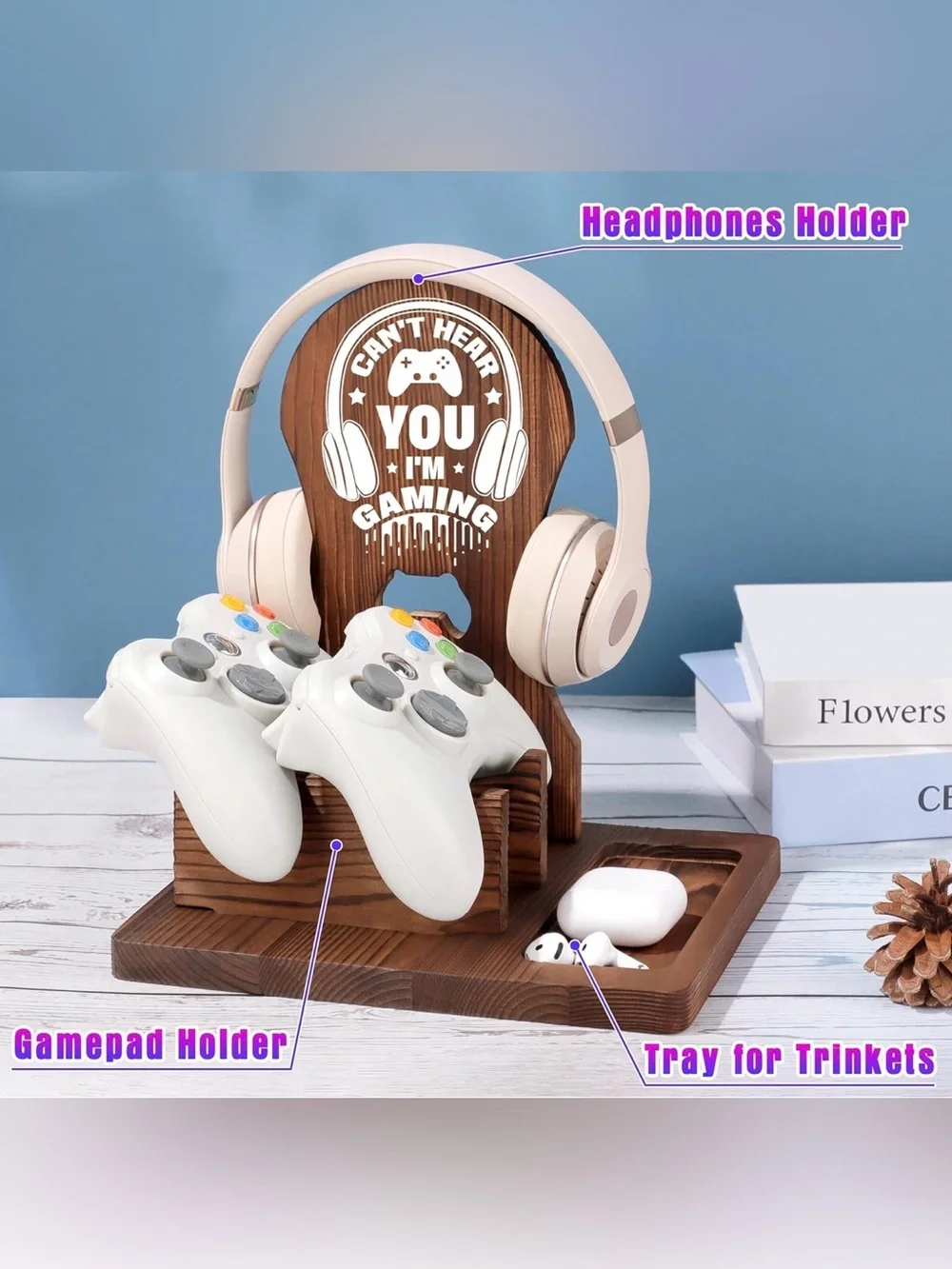 Wooden Gaming Controller Headset Organizer
